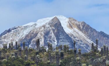 Nevado del Tolima volcano rising above páramo vegetation with frailejones in Colombia.