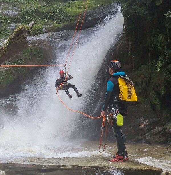 Canyoning in Colombia rappelling down waterfall with guide