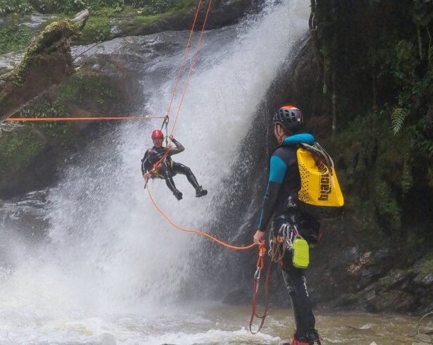 Canyoning in Colombia rappelling down waterfall with guide