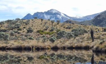 Páramo wetland and lagoon near Nevado Santa Isabel with La Olleta crater in the background, Los Nevados National Natural Park, Colombia.